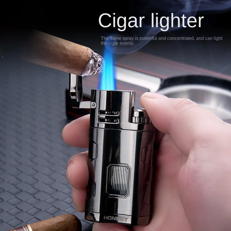 HONEST Metal Multifunctional Outdoor Windproof Butane Gas Lighter Turbo 3 Torch Blue Flame Straight Cigar Lighter Men\'s Gift