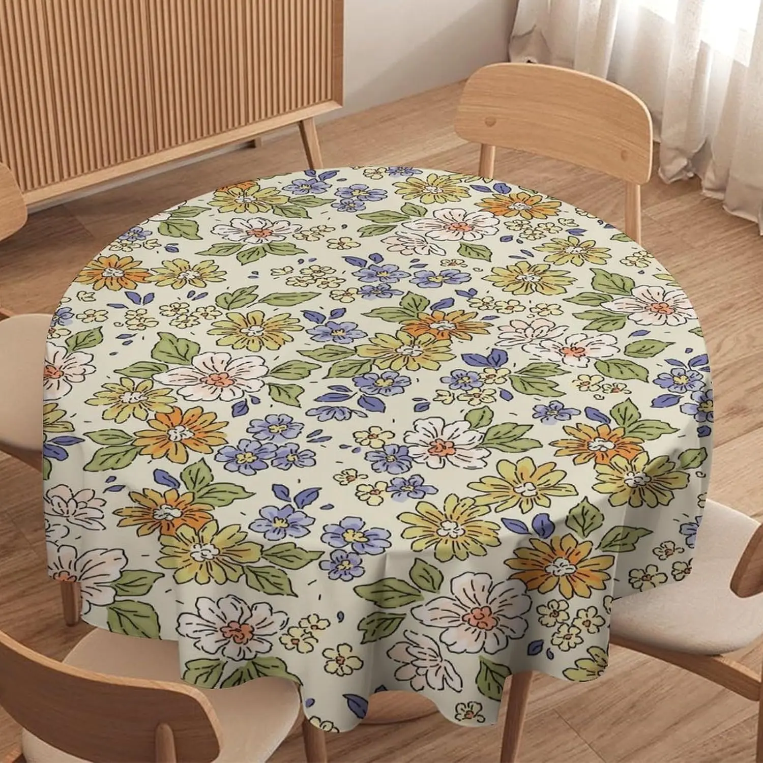 Rustic Flower Tablecloth Round Vintage Floral Mid Century Style Waterproof Table Cover for Kitchen Holiday Party Picnic Dinner