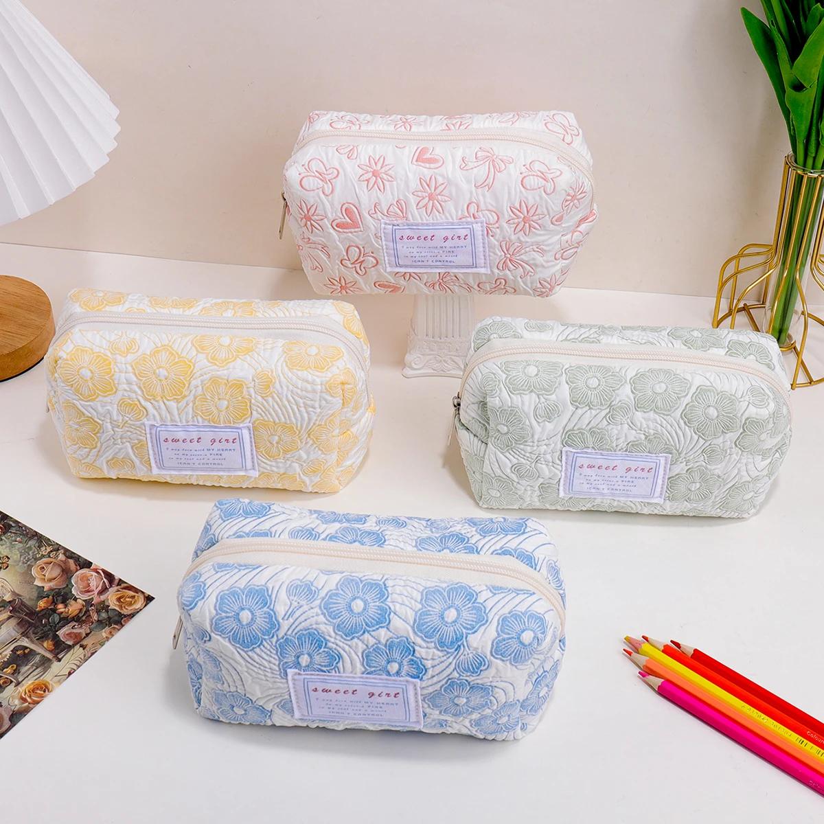 Estuche para lápices simple y portátil, bolsa de almacenamiento de papelería con estampado floral, decoración de escritorio y estuche para lápices, útiles escolares