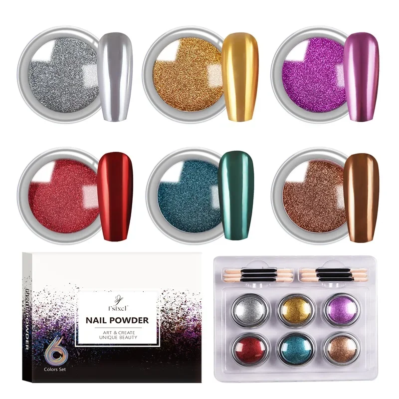 FSIXCL Nail Chrome Powder Iridescent Mirror Effect Rubbing Glitter Manicure Pigment Nail Art Decoration 6 Colors Set 0.5g/ Jar