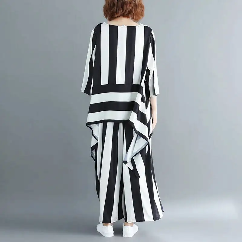 #2707 Vertrical Striped Two Piece Set Top And Pants Loose Korean Style Asymmetrical Shirt And Wide Leg Pants Women Half Sleeve