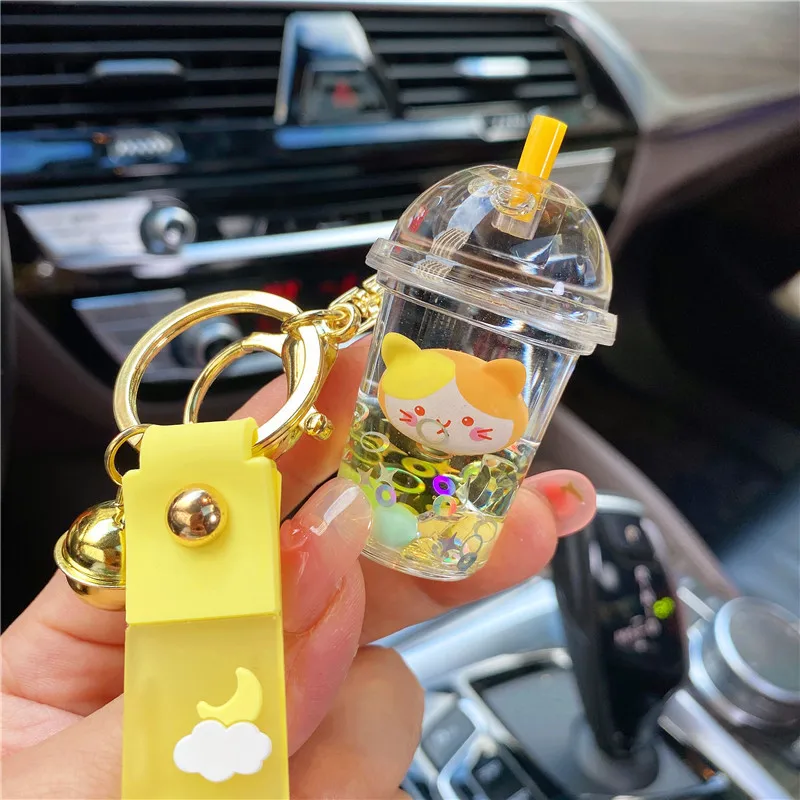 3pcs Creative Frappuccino Cat Head Quicksand Bottle Milk Tea Cup Keychain Cute Floating Ice Cube Skittles Liquid Keyring Pendant