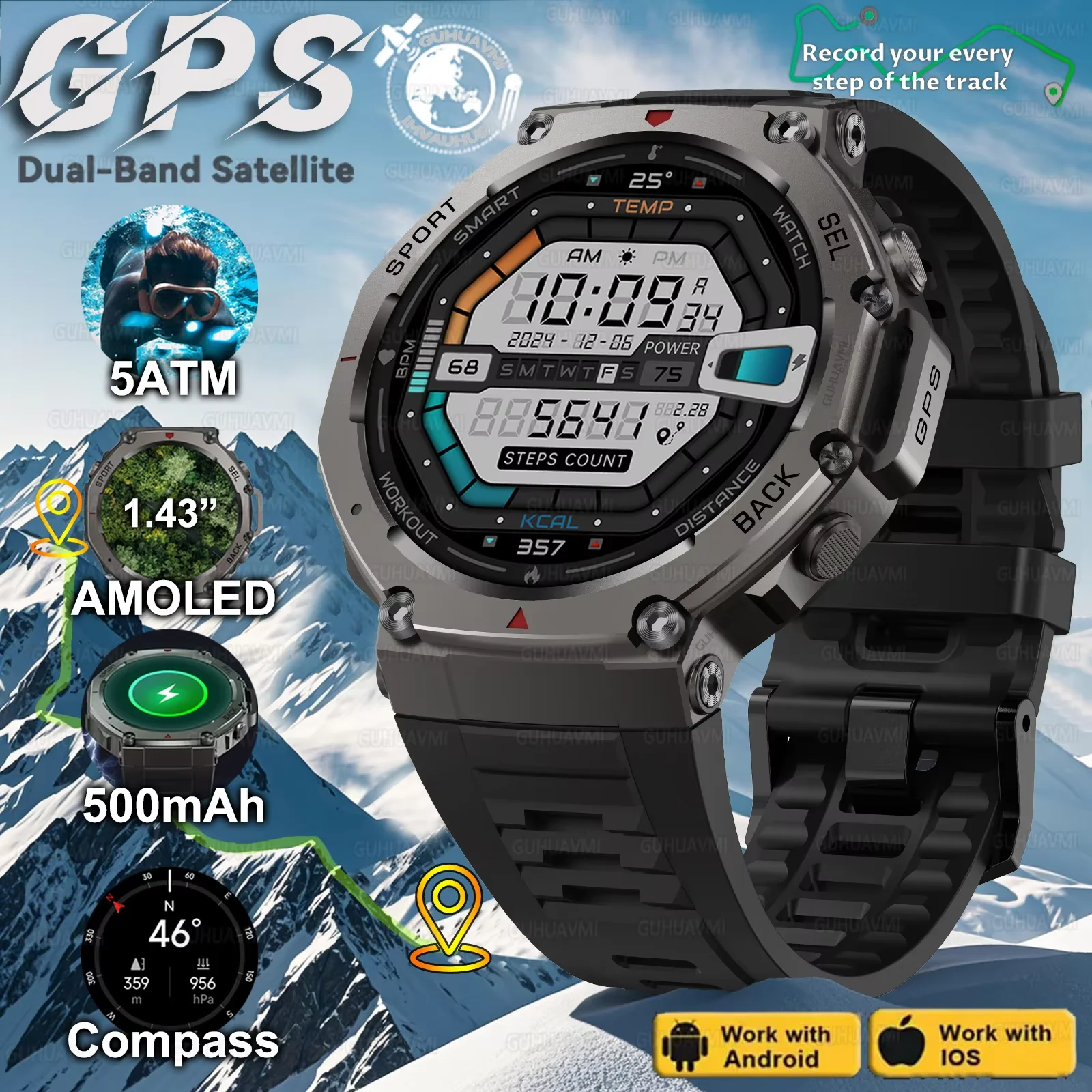 

GUHUAVMI T-Rex Ultra GPS Smart Watch 5 ATM Waterproof Built-in Dual-band GNSS Compass Military Sport Smartwatch Men 2025 New