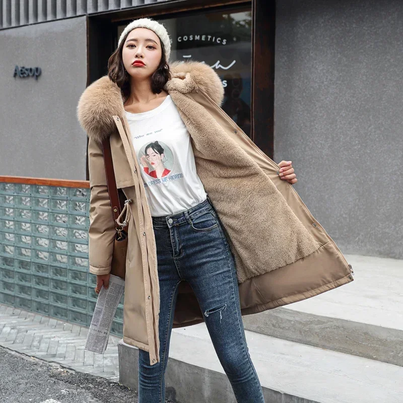Fodera in cotone Parker Cappotto lungo da donna Parka Cappotti Vita regolabile Collo in pelliccia Cappotto invernale Parka con cappuccio medio lungo