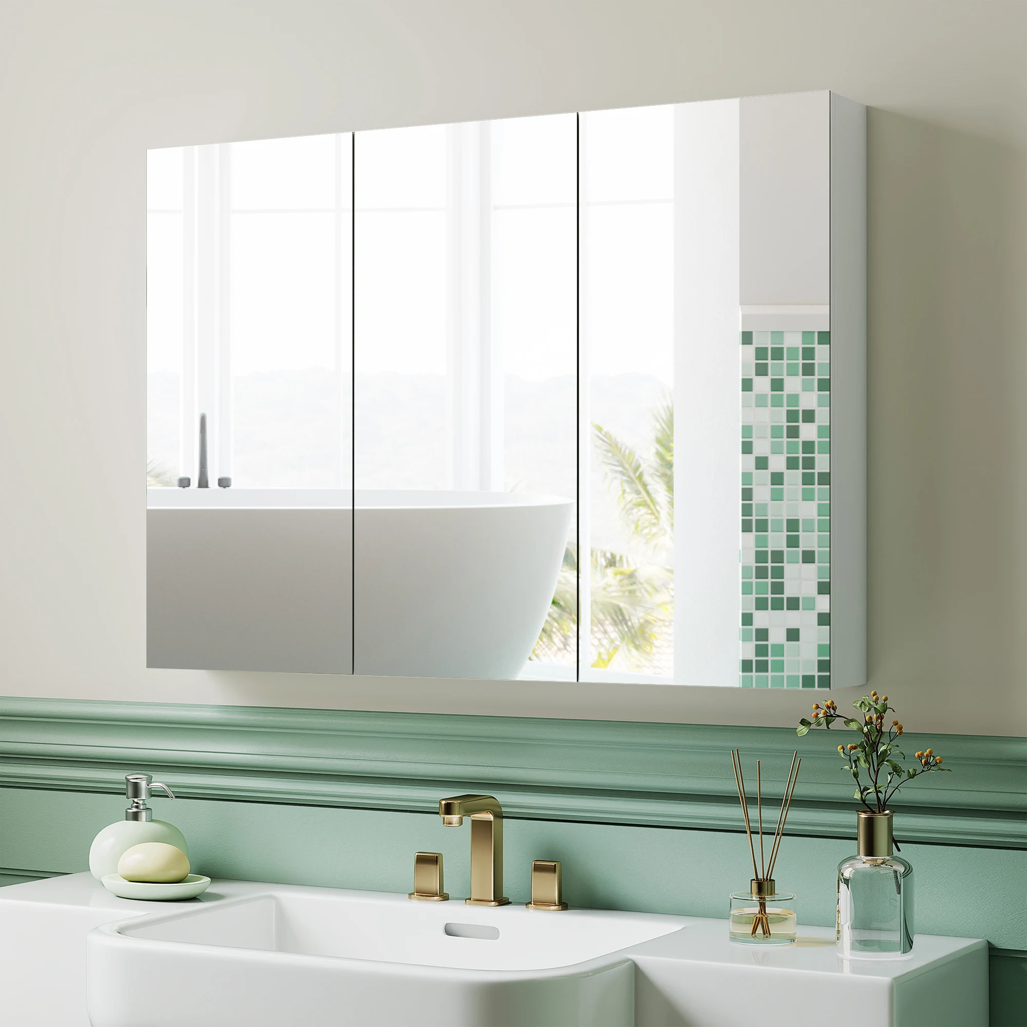 HOMCOM Armario de Baño con Espejo Armario de Pared con 3 Puertas Estantes Ajustables 91,5x11,5x65 cm Blanco