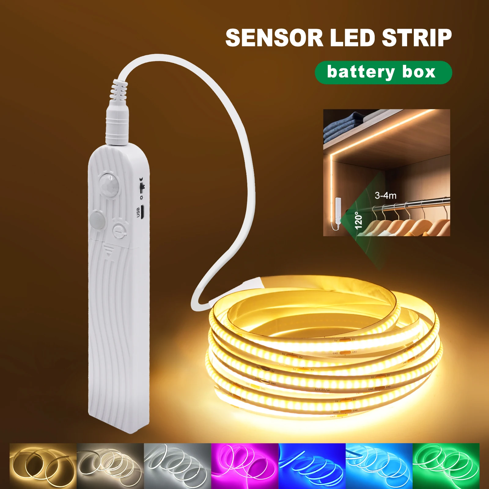 Tira de LED COB de 8 mm, 5 V, con Sensor de Movimiento, Alimentada por Batería, 320 LED/M, Luz Nocturna de Inducción USB, Blanco Cálido, Rojo, Azul Hielo, Verde, Amarillo