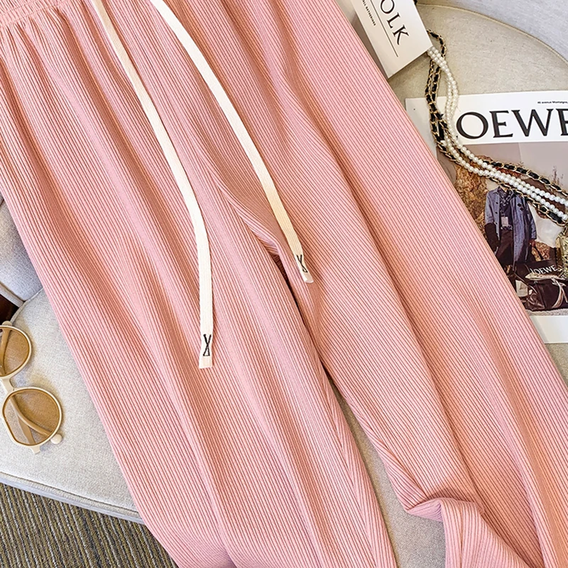 Calça feminina de cordão com elástico na cintura alta, plus size, branca, preta, rosa, tamanho grande, nova chegada, outono 2022