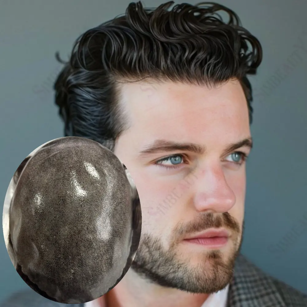 

28 Natural Curly Men Toupee 0.1mm Durable Thin Skin Base Capillary Prosthesis Human Hair Natural Hairline Grey Black Hairpiece