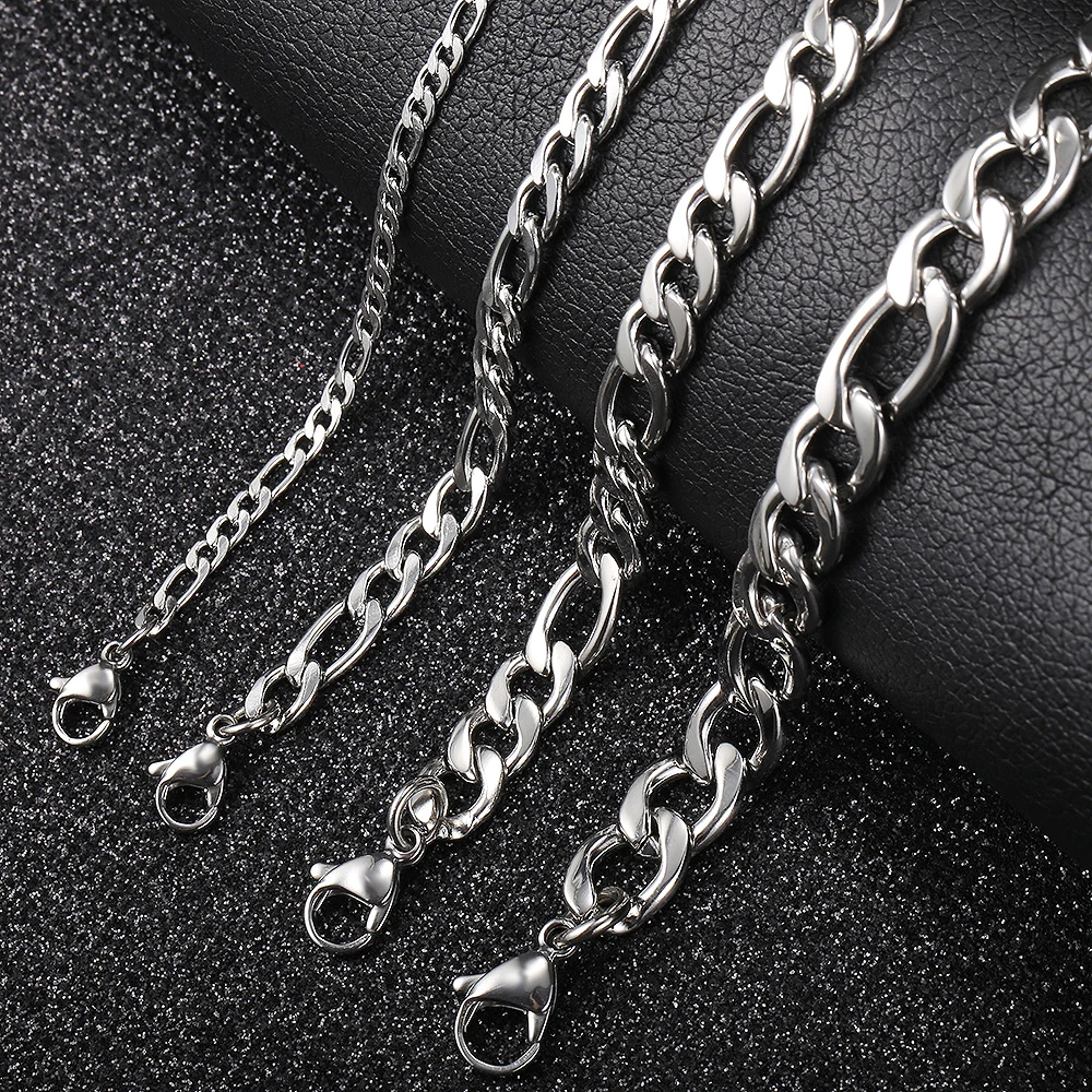 3mm//5mm/7mm/9mm Gold Silver Color Figaro Link Chain Stainless Steel Jewelry Classic Curb Bracelets for Men Women KBM171