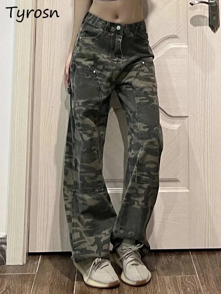 

Jeans Women Autumn Camouflage Design Niche Straight American Retro High Waist Trousers Loose Wide-leg Popular Trendy Streetwear