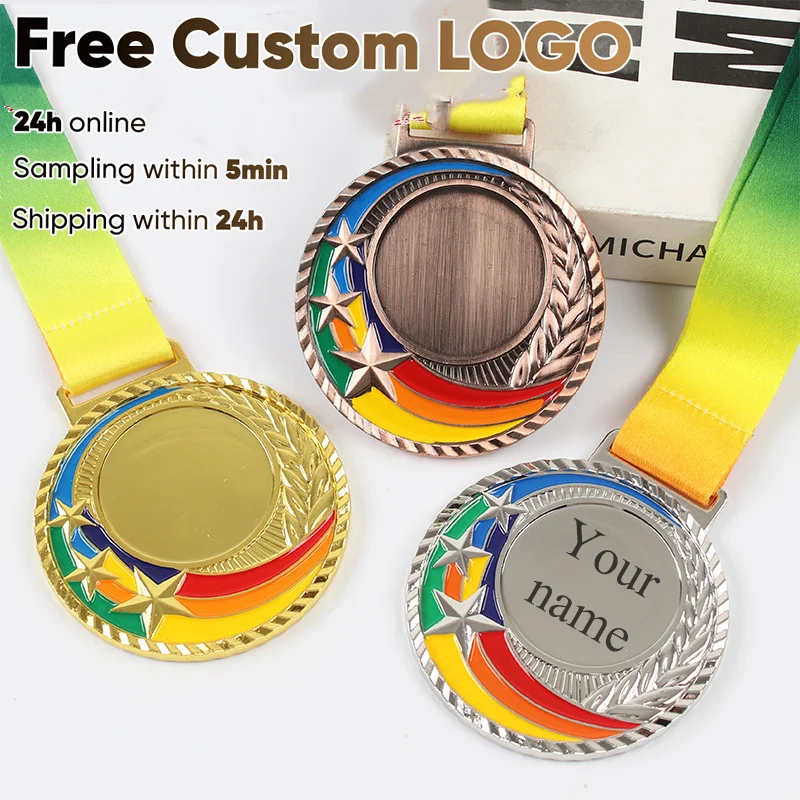 Free Customization LOGO Medals Colour Medal with Color Ribbon Gold Silver Copper Color Medal With Stars School Sports Metal