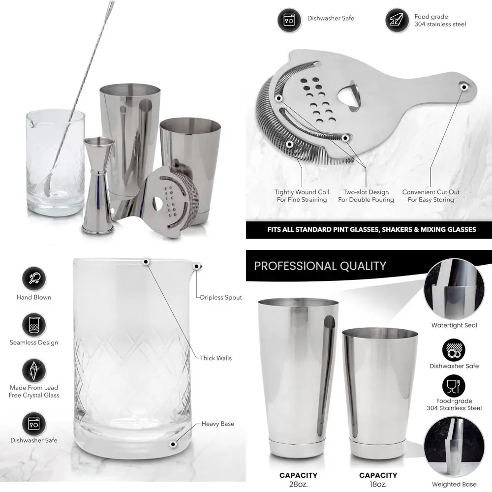 

Essential Bartending Kit for Crafting Perfect Shaken and Stirred Beverages: Boston Shaker, Hawthorne Strainer, Japanese Jigger,