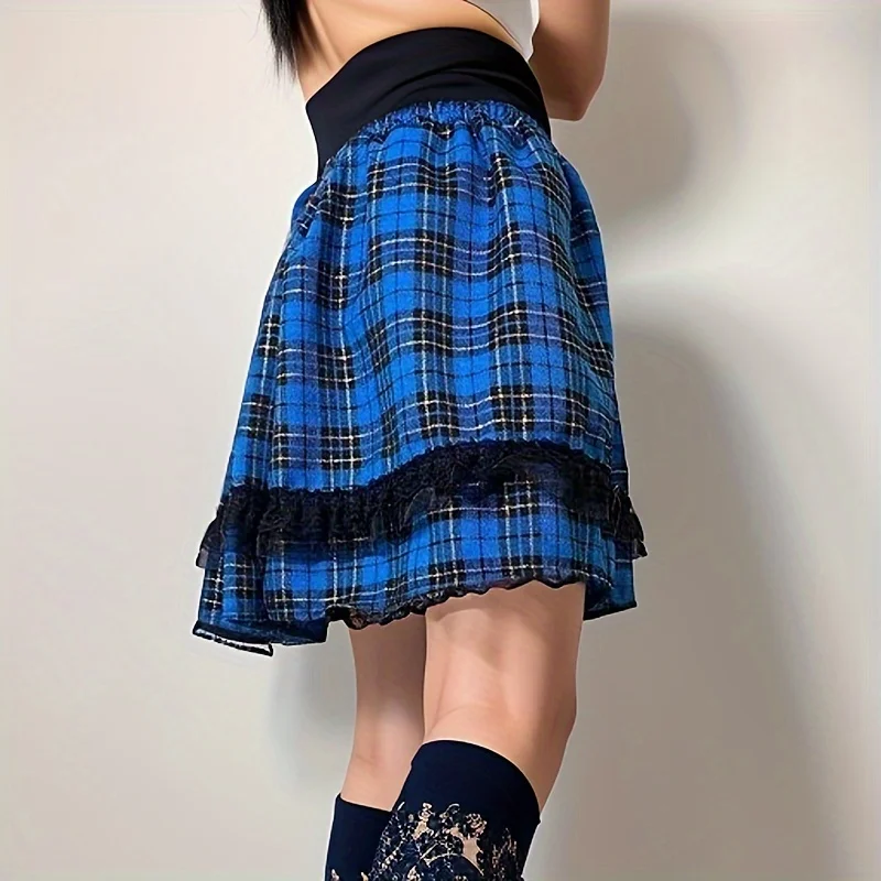 Blue Mini Skirt For Women Elastic Waist Plaid Lace Patchwork Pleated Skirts Golden Silk Designed Y2k Style 2025 Spring Summer