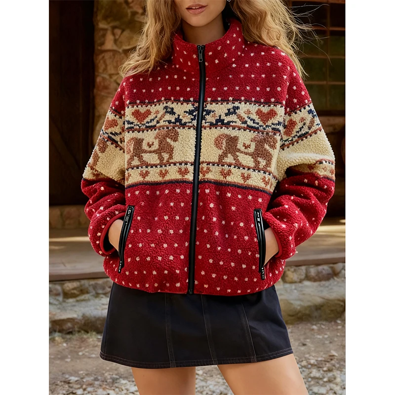

2025 Autumn Winter Women's Plush Jacket Christmas Snowflake Moose Print Zipper Long-sleeved Wool Jacket Multicolor With Pockets