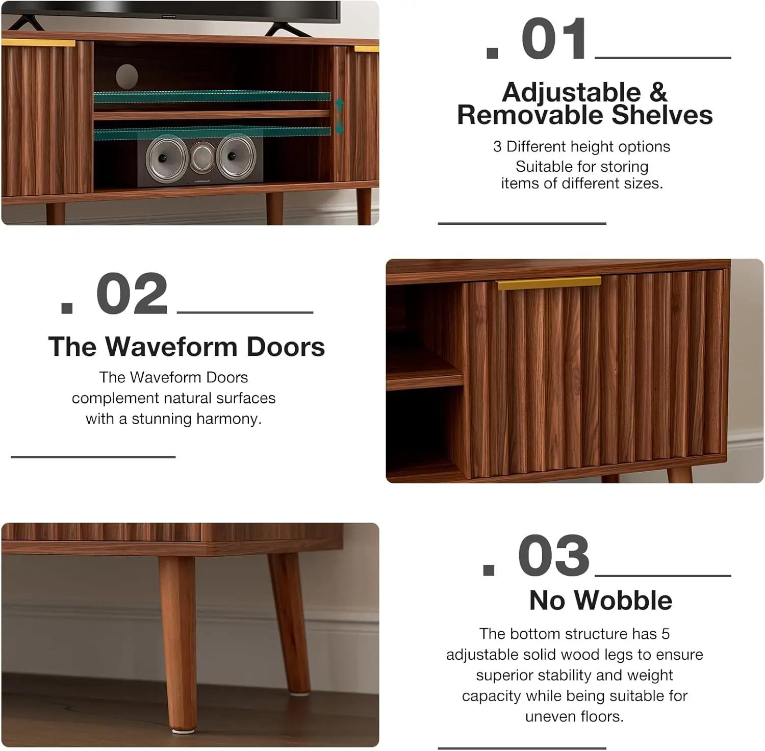 ミッドセンチュリーモダンテレビスタンド、55～60インチテレビ用、溝付きドアとオープンシェルフ付き、ウォールナット仕上げ