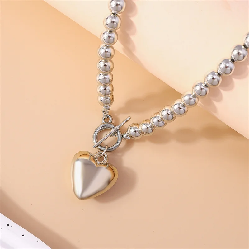 Aihua Silberfarbene CCB-Perlen Liebesherz-Anhänger Halskette für Frauen Gotische Herz-Halskette Choker Y2K Schmuck Geschenke – Detail 4