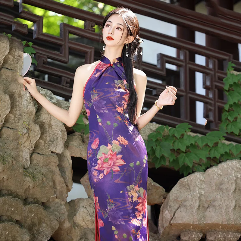 

Элегантное фиолетовое ципао без рукавов с вырезом на шее, молодежный стиль, красивое летнее, сексуальное, ретро, в китайском стиле, длинное