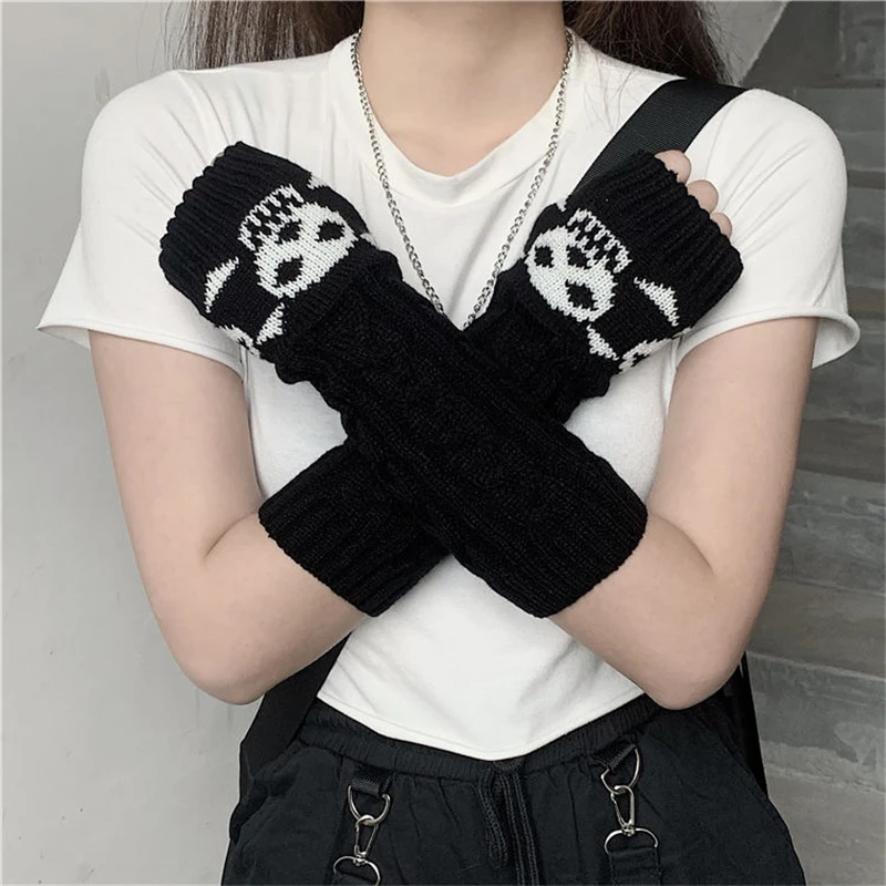 Y2K Arm Warmers Black Skull Gloves Goth Long Fingerless Arm Sleeve Gloves Women Knitting Warm Gloves Punk EMO Fashion  Mittens