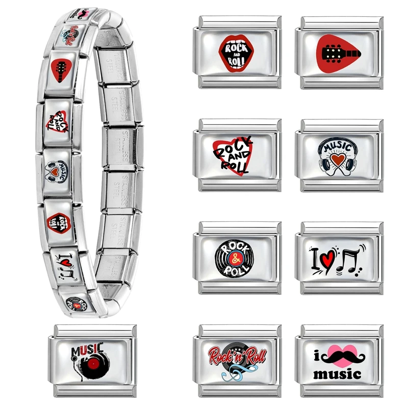 New Fashion Headphones Guitar Tape I Love Music Series Italian Charm Links Fit 9mm Stainless Steel Bracelet DIY Jewelry Handmade