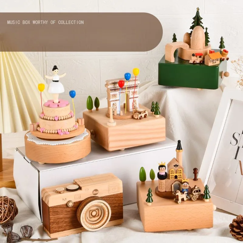 Castle in the Sky Natural Wooden Music Box Eight Music Box Healing Series Rotating Train Children's Christmas Gift Music BoxZF58