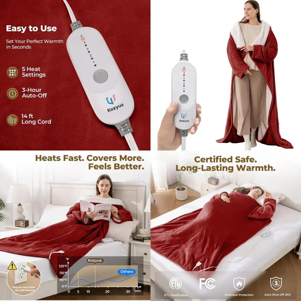 

Heated Blanket with Foot Pocket & Sleeves, 5-Setting Electric Robe, Auto-Off, Washable, 50x70, Red