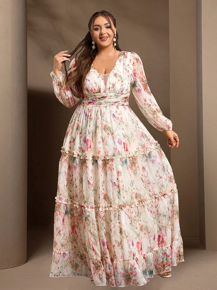 TOLEEN Middle Eastern Plus-size Spring And Summer Elegant Flower-printed Lantern Sleeve Long Dress With A Big Swing