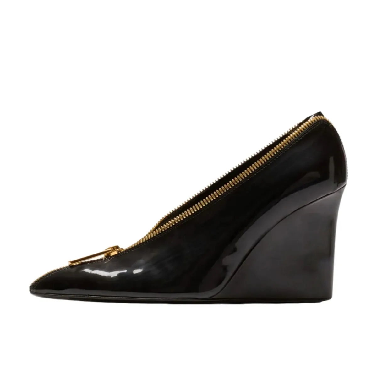 

Arden Furtado Spring Black Patent Leather Wedges shoes Pointed toe Shallow zipper Single shoe large size high-heeled shoes