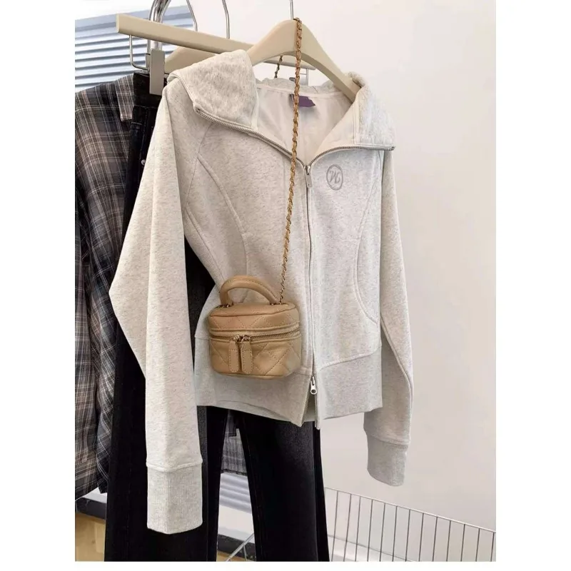 Short Double Zipper Hooded Sweatshirt for Women Autumn Small Lazy Style Hoodie Jacket
