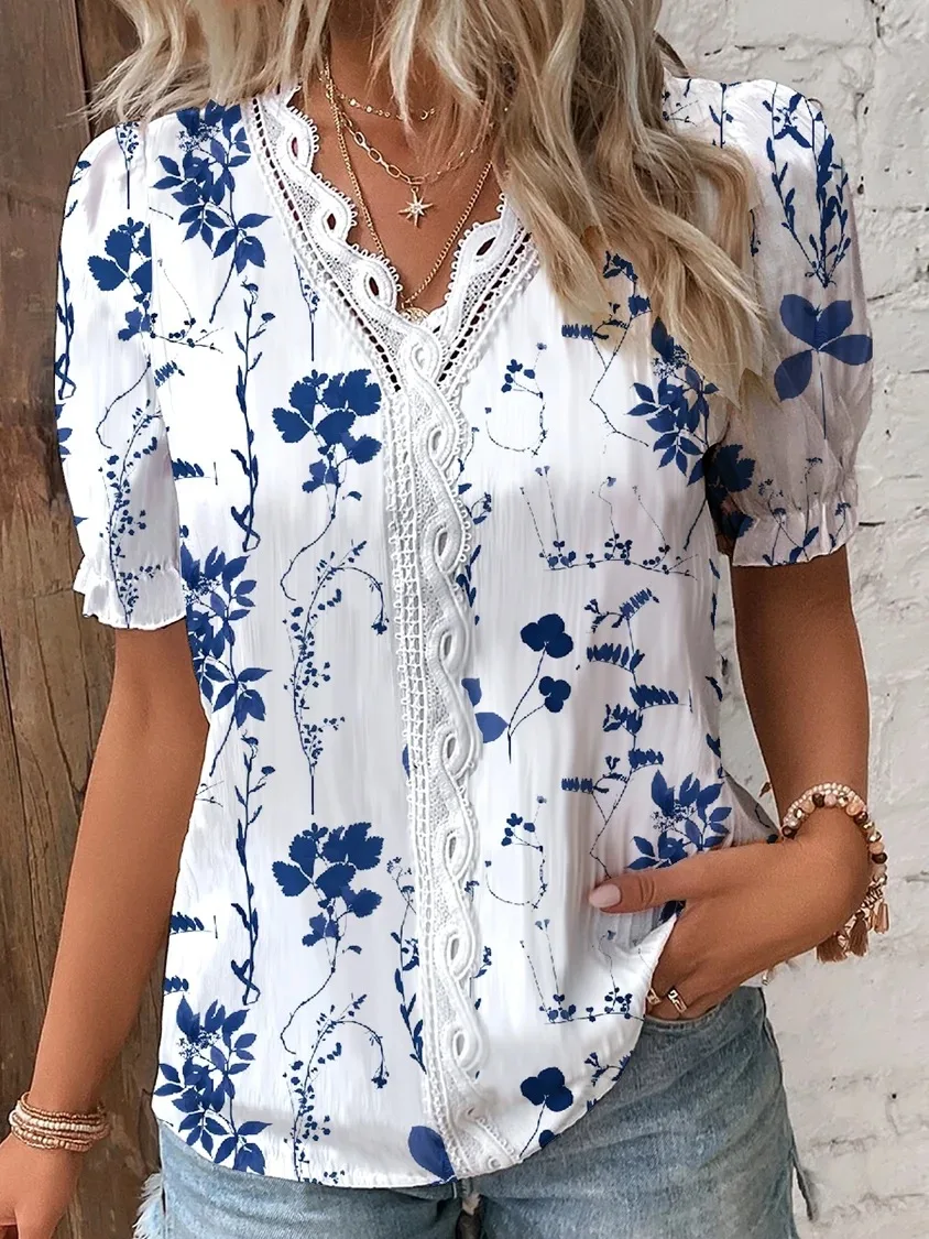 Fashion Casual Short Sleeve Shirt Women 2025 Summer V Neck Hollow Out Floral Print Blouse Female Elegant Striped Jacquard Tops