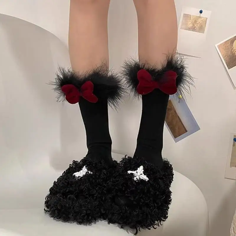 

195E женские элегантные пушистые перья с отделкой в ​​стиле пэчворк, зимние хлопковые носки в рубчик JK, милые носки до икры с