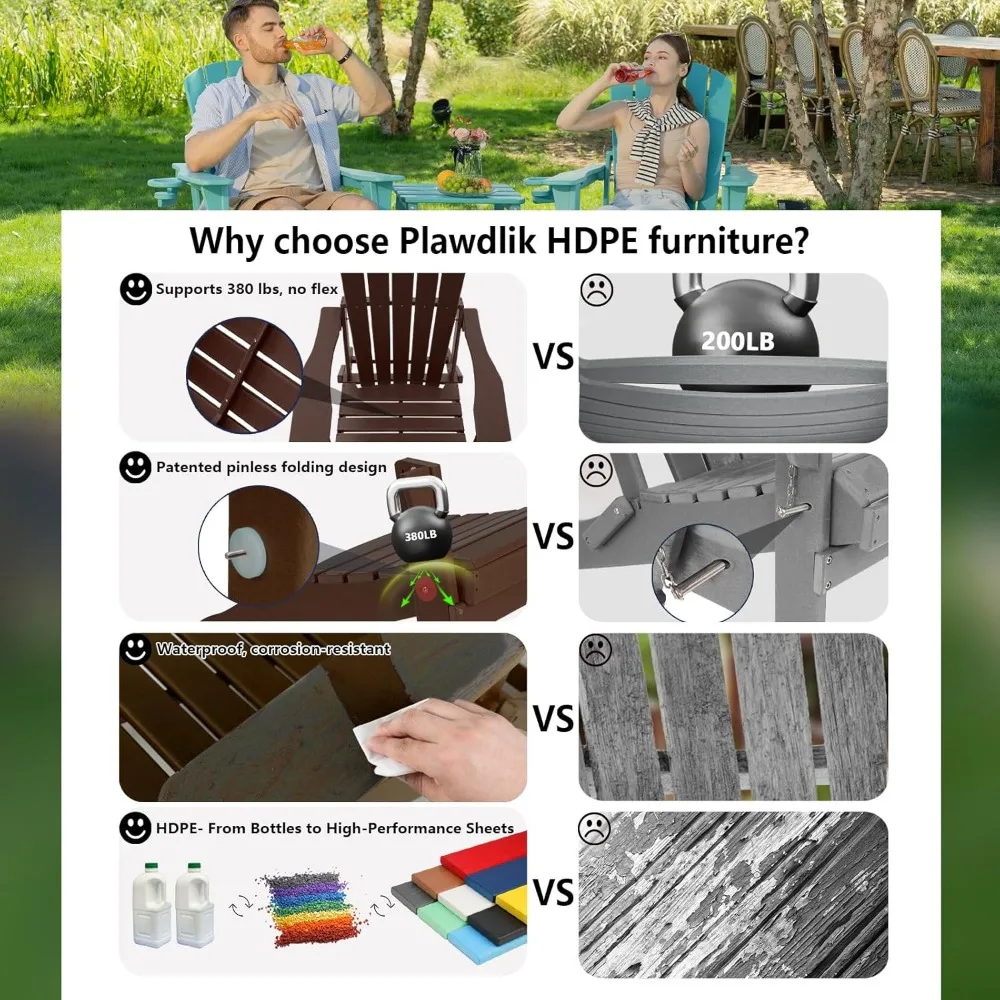 مجموعة كراسي آديرونداك قابلة للطي مكونة من 2، حامل أكواب، محكم خشبي، مجموعة مريحة ثقيلة في جميع الأحوال الجوية HDPE بجانب حمام السباحة في الفناء الخلفي