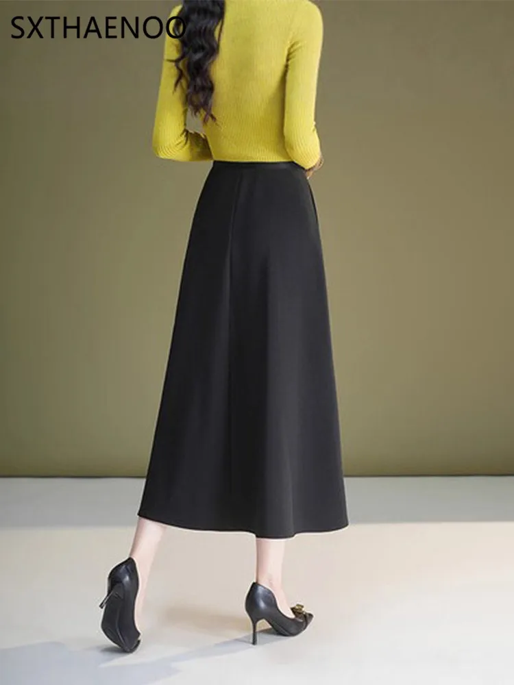 Spódnica SXTHAENOO, długa, w kształcie litery A, wyszczuplająca, z wysokim stanem, zakrywająca biodra, elegancka, idealna do pracy, mieszanka poliestru, model 2025