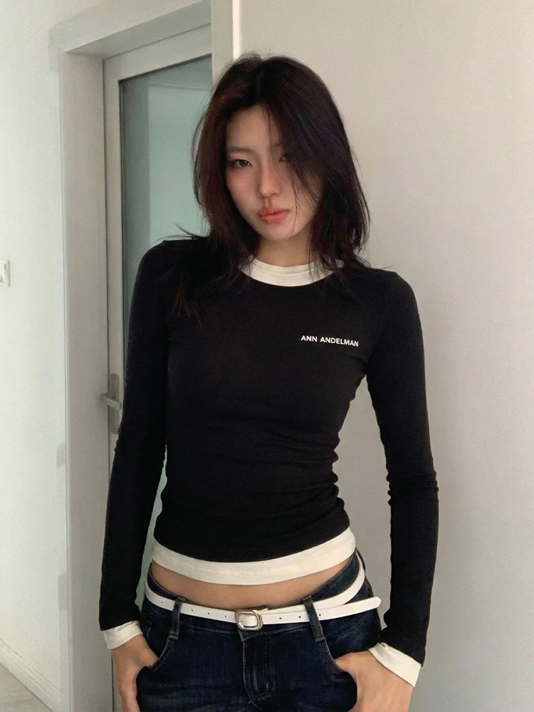 

Облегающий длинный топ-футболка для женщин, ранняя весна, с контрастными вставками, базовый слой, сексуальный топ для девушек, Y2K, черный, комплект из двух предметов