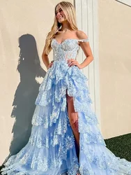 Customized Sexy Long Prom Dresses for Women 2025 Lace Appliques Tiered Floor-Length Side Slit Special Events Wedding Gala Evenin