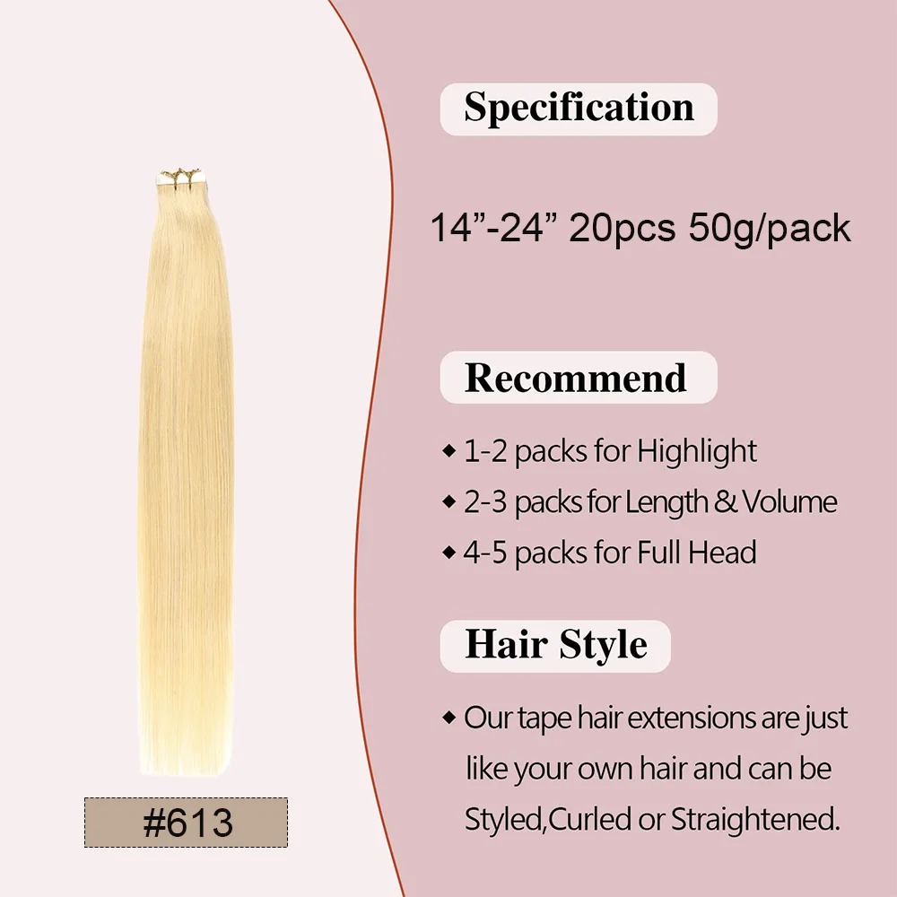 Extensions de cheveux humains sans couture pour femmes et filles, ruban adhésif invisible, trame de peau, Blond Wiltshire, #613, 20 pièces, 50g