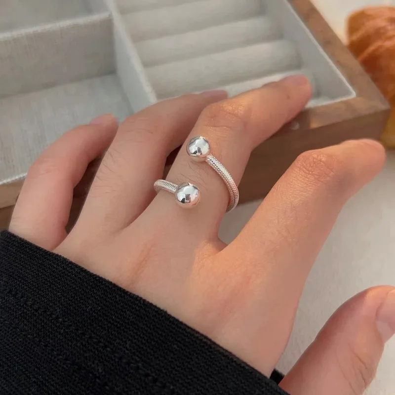 S925 Sterling Silver Twisted Double Ball Women, Versatile Open-Ended Index Finger Ring