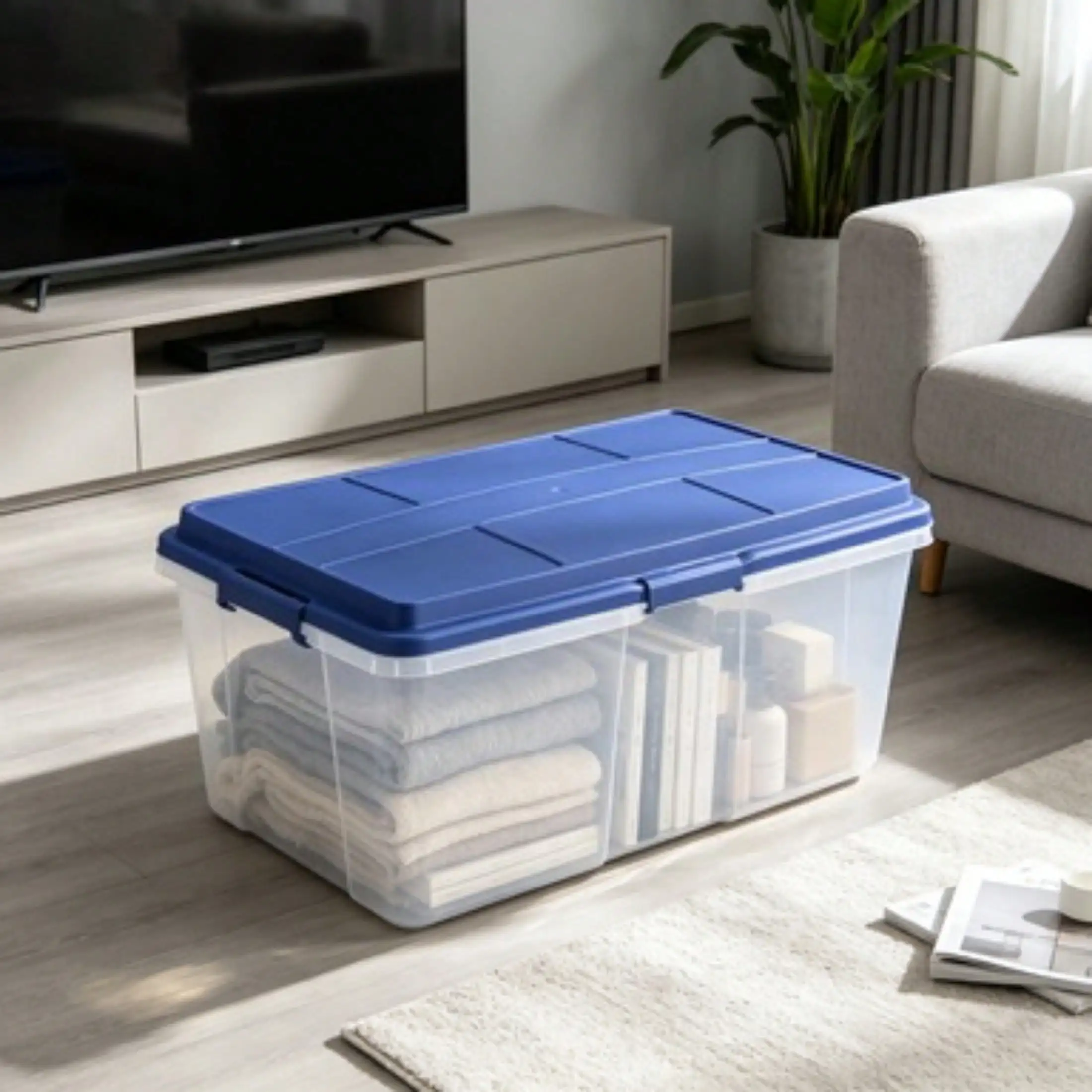 113 Quart Large Latching Storage Bin, Clear Plastic Storage Container With Latch HI-RISE Lid, Blue
