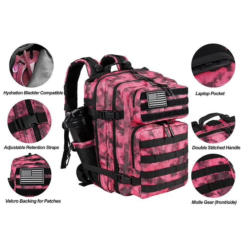 LHl 35L Tactical Gym Backpack Tie-dye Waterproof Outdoor Hiking Camping Back Pack Travel Sports Workout Bag with Bottle Holder