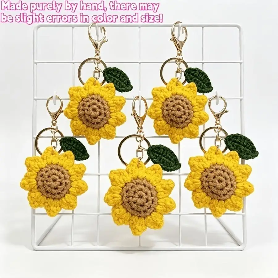 1/5/10/20/50/100pcs Handmade Crochet Sunflower Keychain with Leaf, Knitted Yarn Floral Pendant for Car Keys, Hanging Ornament fo