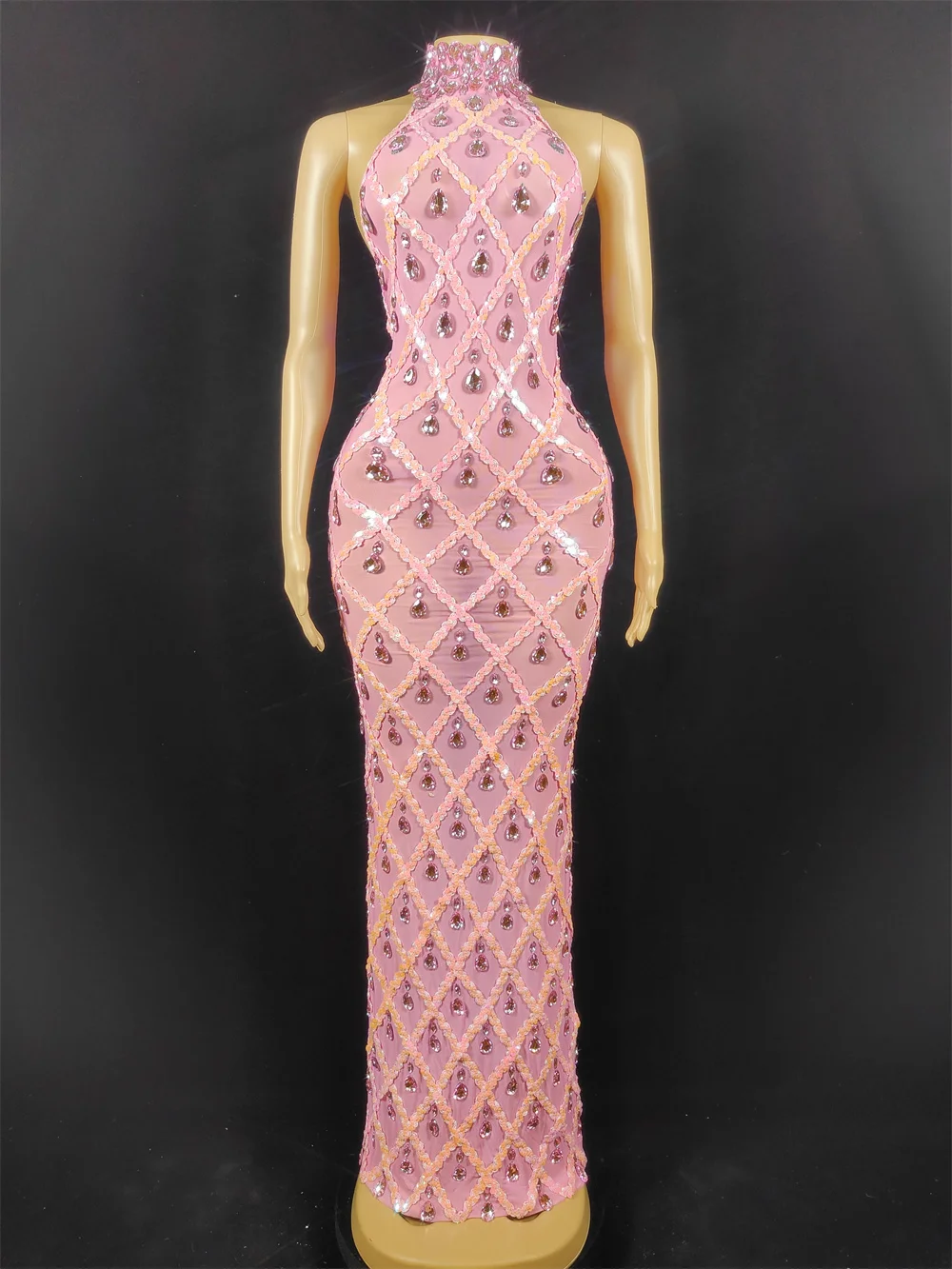 Przezroczysta Sukienka Sceniczna dla Piosenkarki, Klubu, Gospodyni, Kobiety, Seksowna, Błyszcząca Sukienka Wieczorowa na Bal, Urodziny, z Cyrkoniami i Cekinami