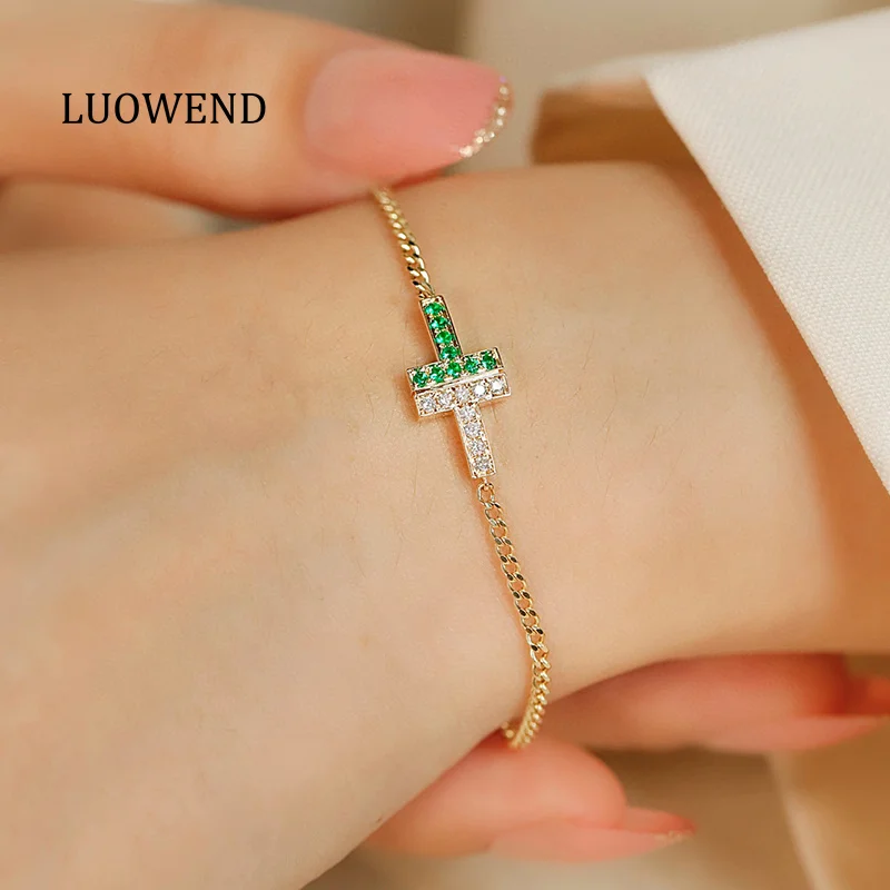 LUOWEND 18K Yellow Gold Bracelet Fashion T-Shape Design Luxury Diamond Natural Emerald Bracelet for Women High Party Jewelry