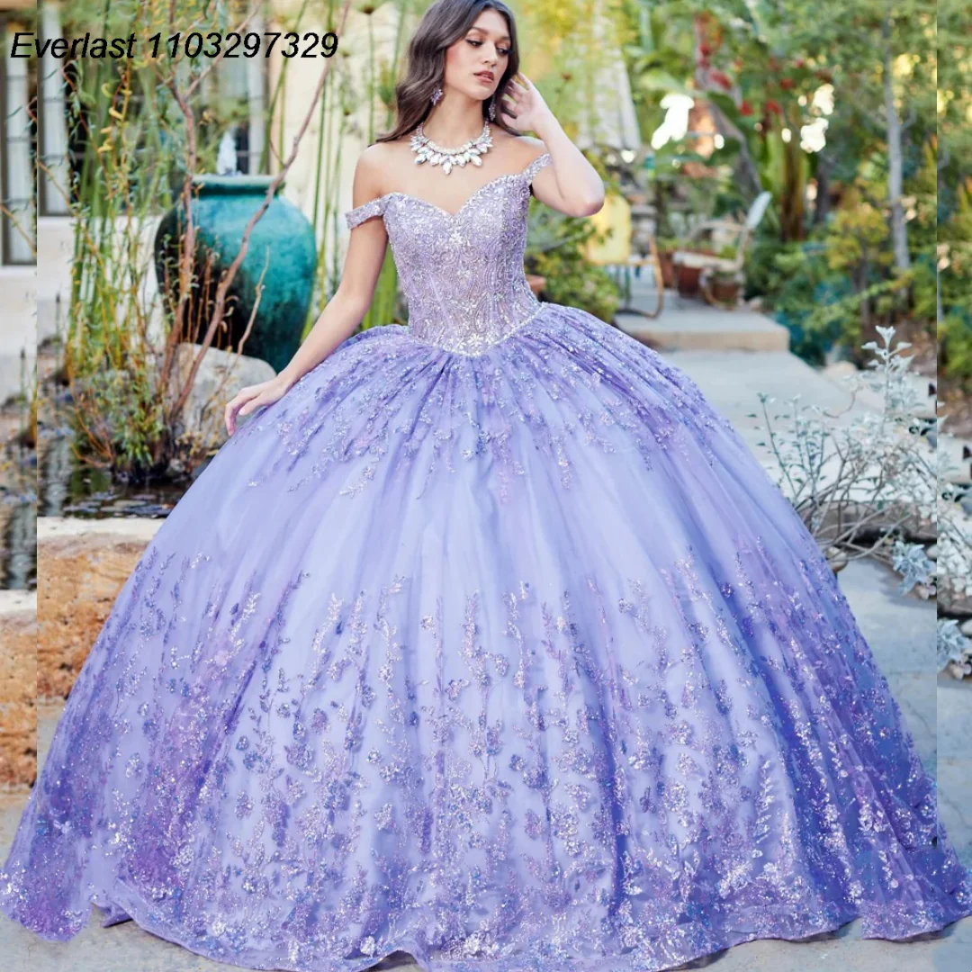 فستان EVLAST-Ivory Quinceanera ، ثوب الكرة ، دانتيل ذهبي ، مطرز بالخرز ، أكمام منتفخة متدرجة ، حلوة 16 ، 15 سنة ، TQD644