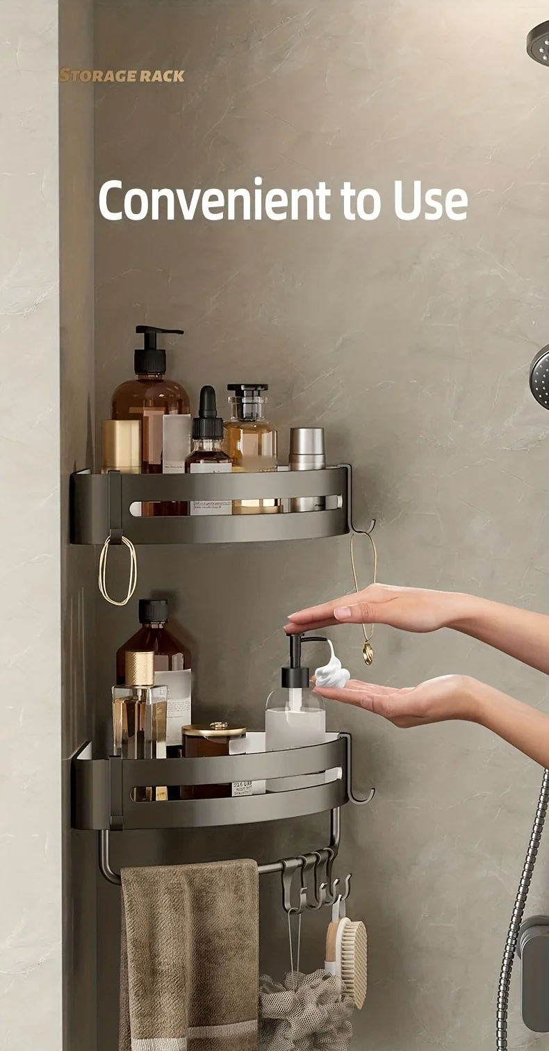 1 Stück nicht bohrendes Aluminium-Badezimmer-Aufbewahrungsregal – an der Wand montiertes Eckregal zur Aufbewahrung von Badezimmer-Shampoo-Duschgel-Kosmetik – Detail 7