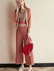 Knitted Ladies Trouser Crochet Stripe Red Wide Leg Women's Pants Two Piece Set Sweater Full Co Ord Chic and Elegant Comfortable