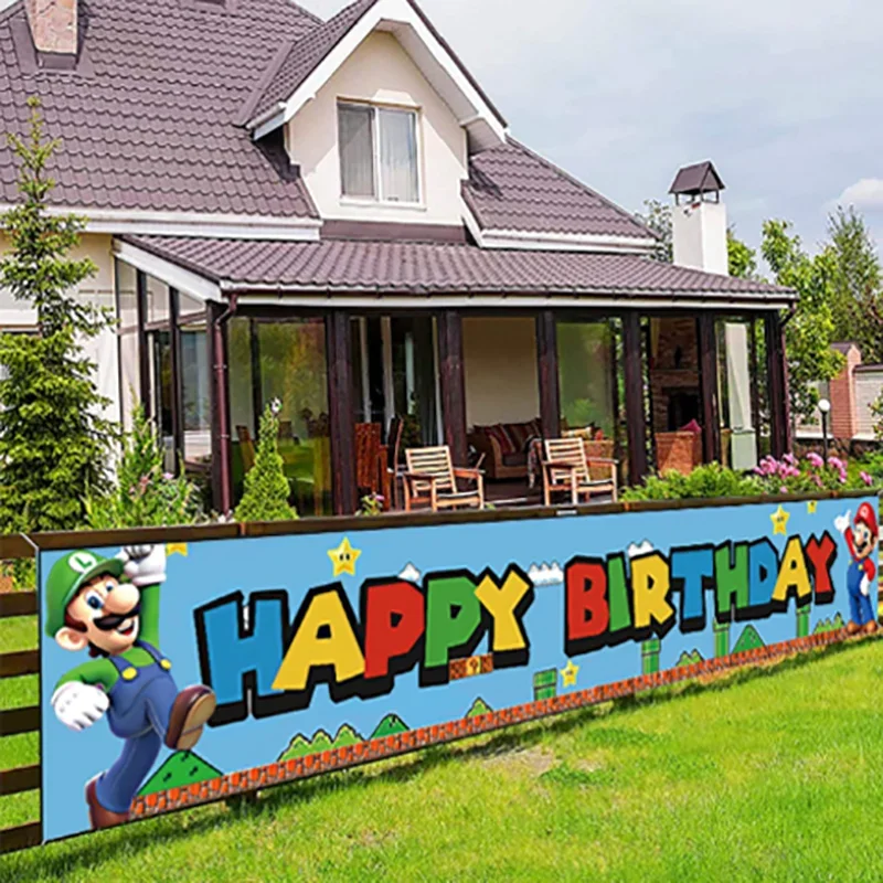 50x300cm Mario Birthday Banner Outdoor Flag Decorate Super Mario Children's Birthday Party Supplies Fun Hang Banner Garten House