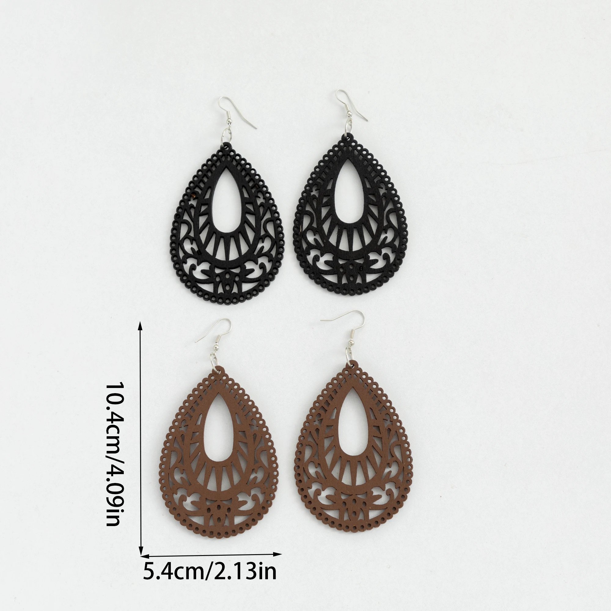 1 pair of hollow wooden earrings drop-shaped lace bold