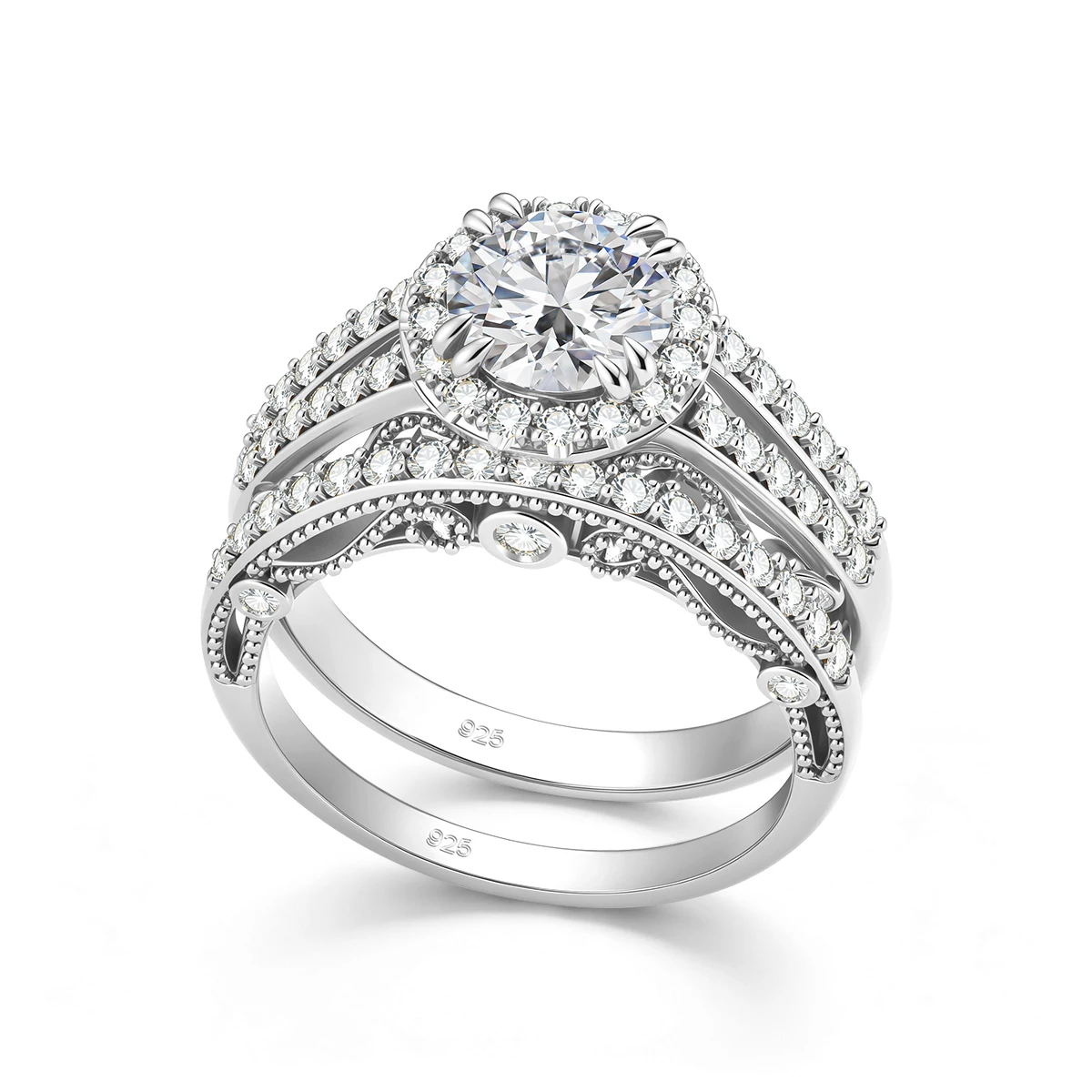 2pcs Stackable Bridal Ring Set  8mm 2ct Round Moissanite 925 Silver Split Shank Pave Band Engagement Wedding Ring for Women Gift