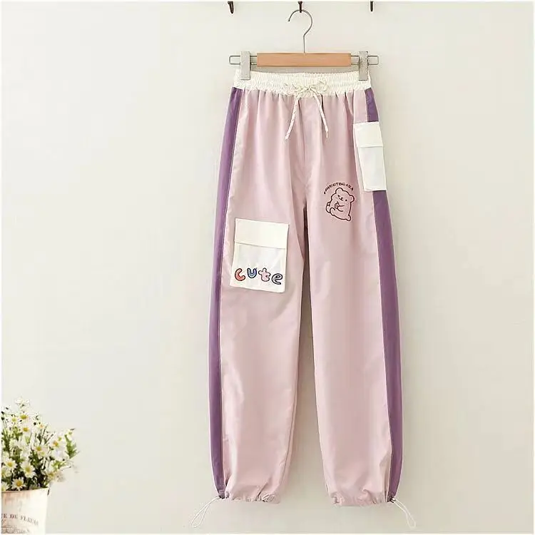 S-XL 여름 새 토끼 카와이 Y2K 바지 한국 스타일 코튼 롱 바지 여성 자수 하이 웨이스트 캐주얼 걸스 핑크 레깅스