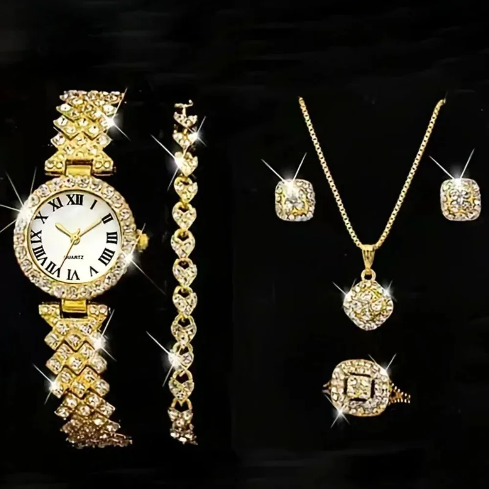 Luxury Full Crystal 5 Pcs Watch Necklace Earrings Ring Set for Women Rhinestone Wristwatch Female Bracelet Set Gift Reloj Mujer