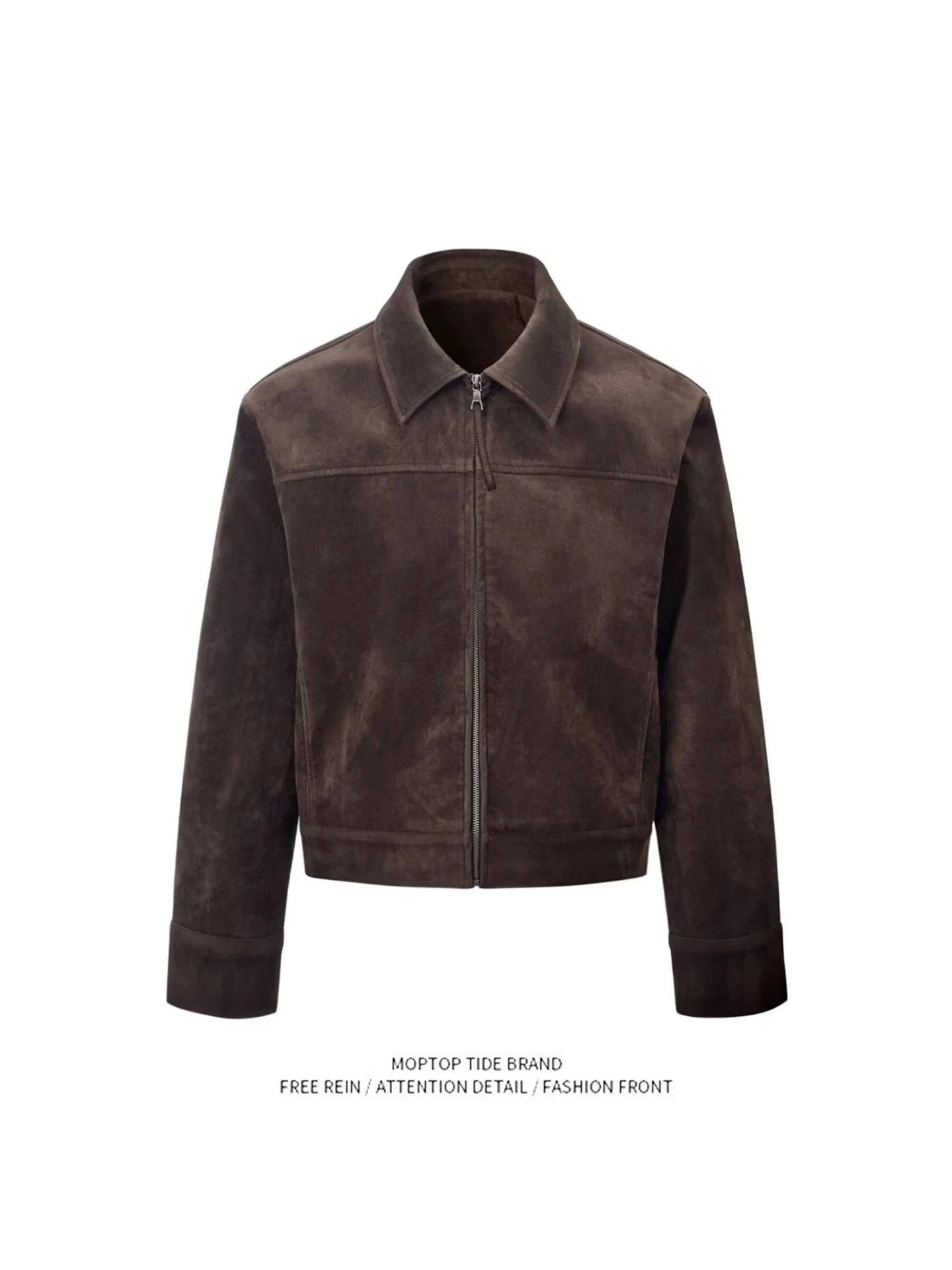 

Retro American Brown Suede Jaet Men's Spring Autumn ort Sle Haome Baseball Coat Loose Fit Youthful Polyester Fiber